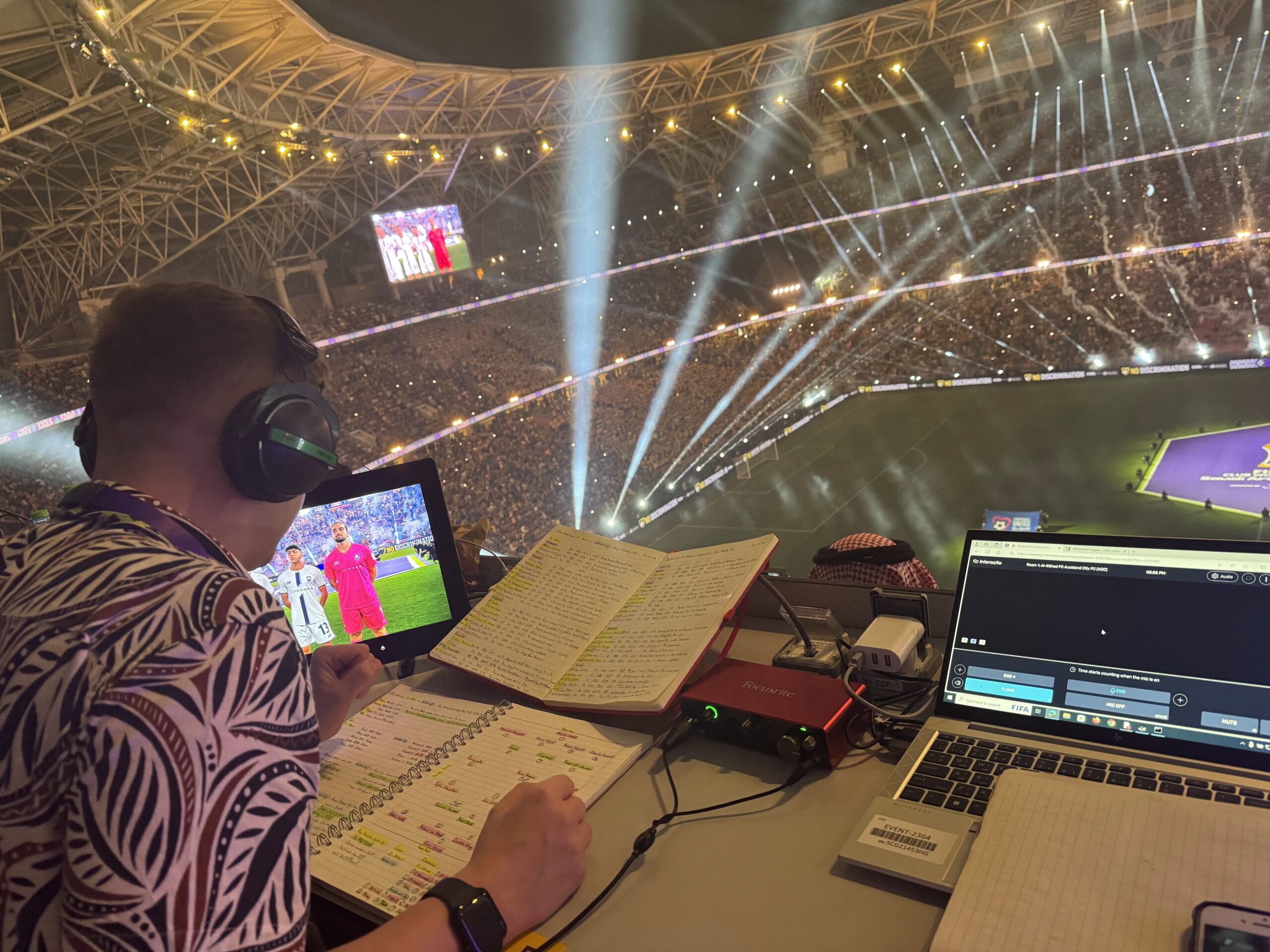 Elliott Stockdale Thurlow delivering audio description commentary (ADC) at the Club World Cup in Saudi Arabia 2023