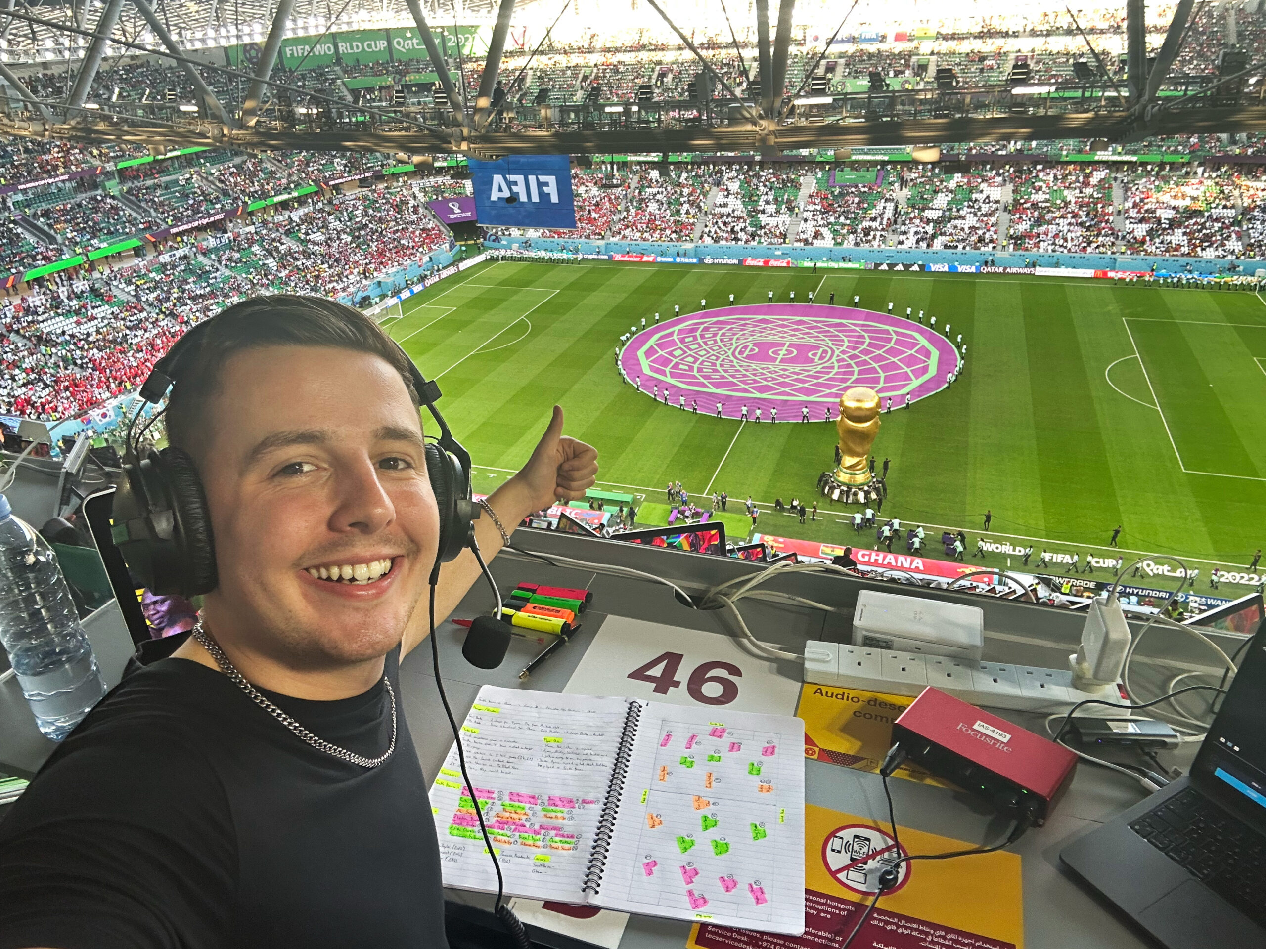 Elliott Stockdale Thurlow delivering audio description commentary (ADC) at the FIFA World Cup in Qatar 2022