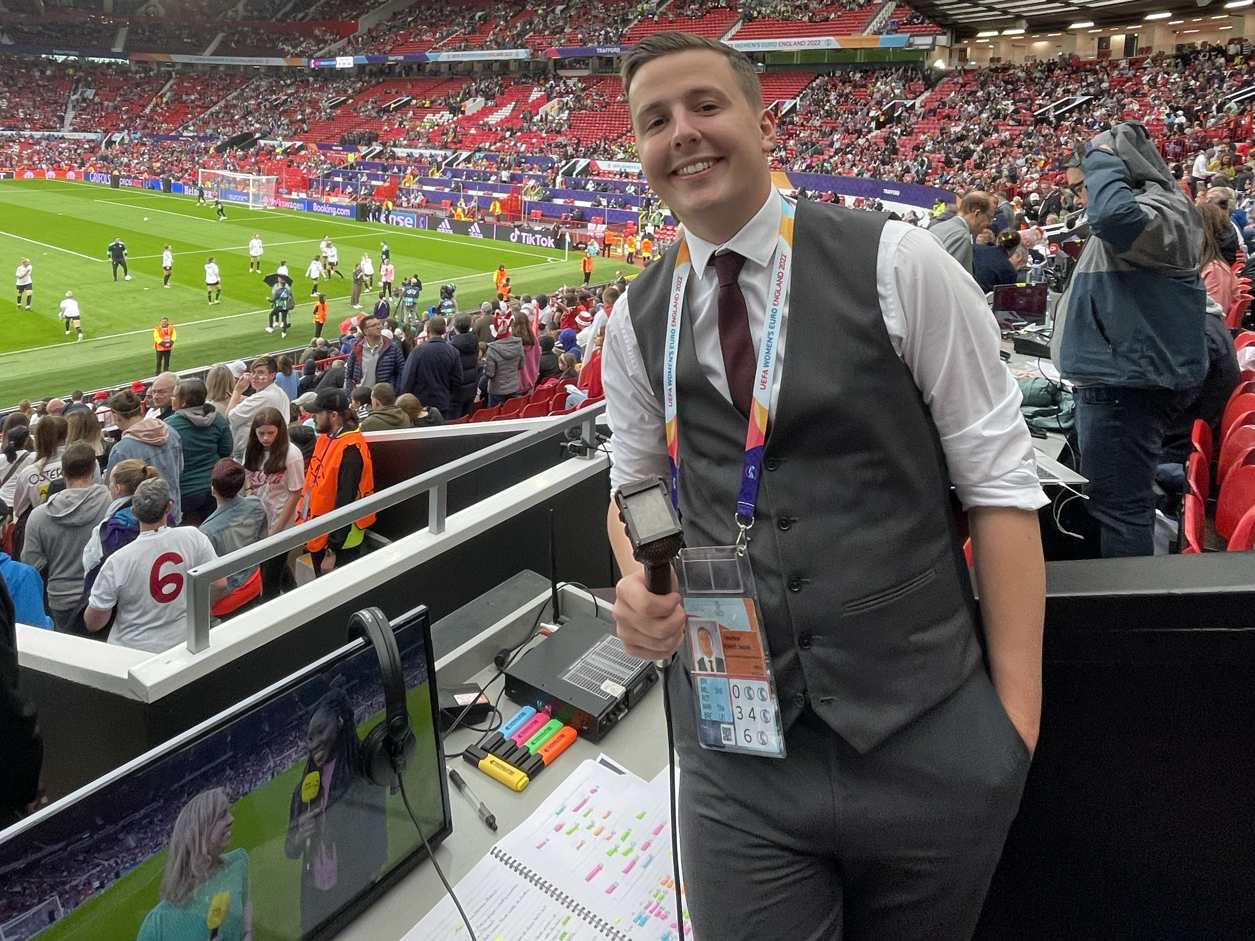 Elliott Stockdale Thurlow delivering audio description commentary (ADC) at the Women's Euros 2021