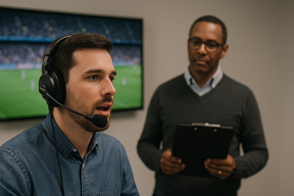 A photo of an ADC commentator being assessed by an assessor.